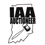 IAA Auctioneer logo featuring a gavel overlaid on a silhouette of Indiana, highlighting auction services in the state.